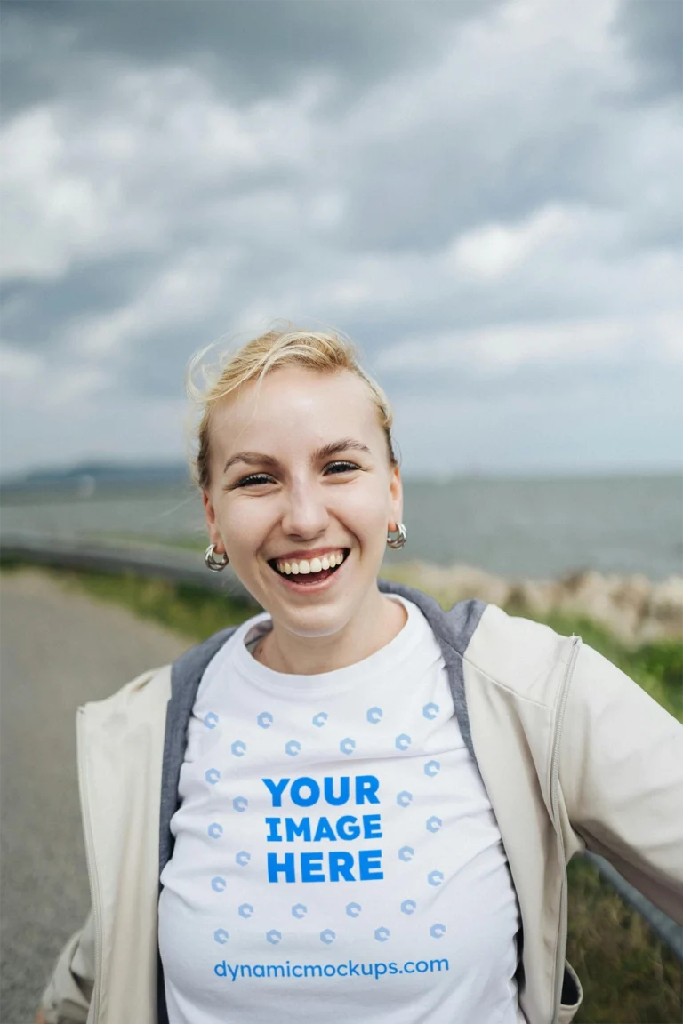 Woman Wearing White T-shirt Mockup Front View Template