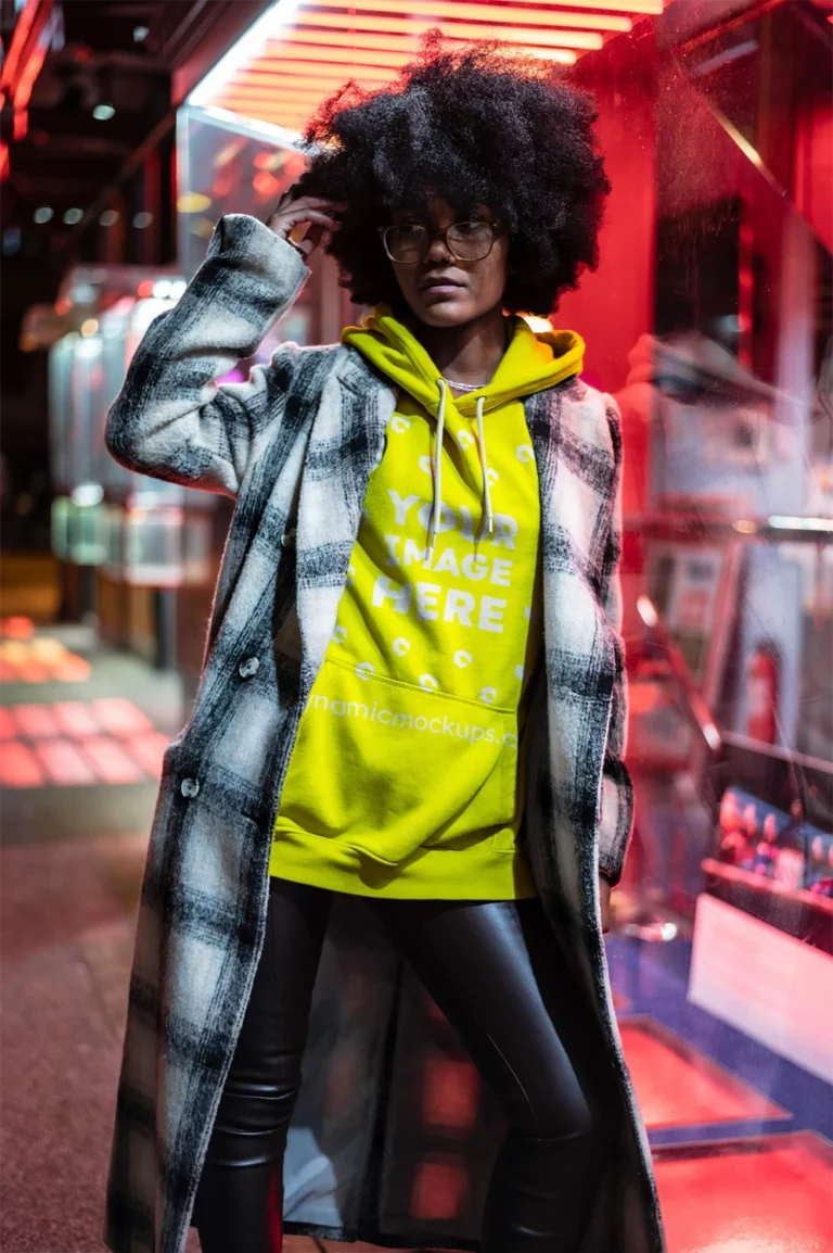 Woman Wearing Yellow Hoodie Mockup Front View Template