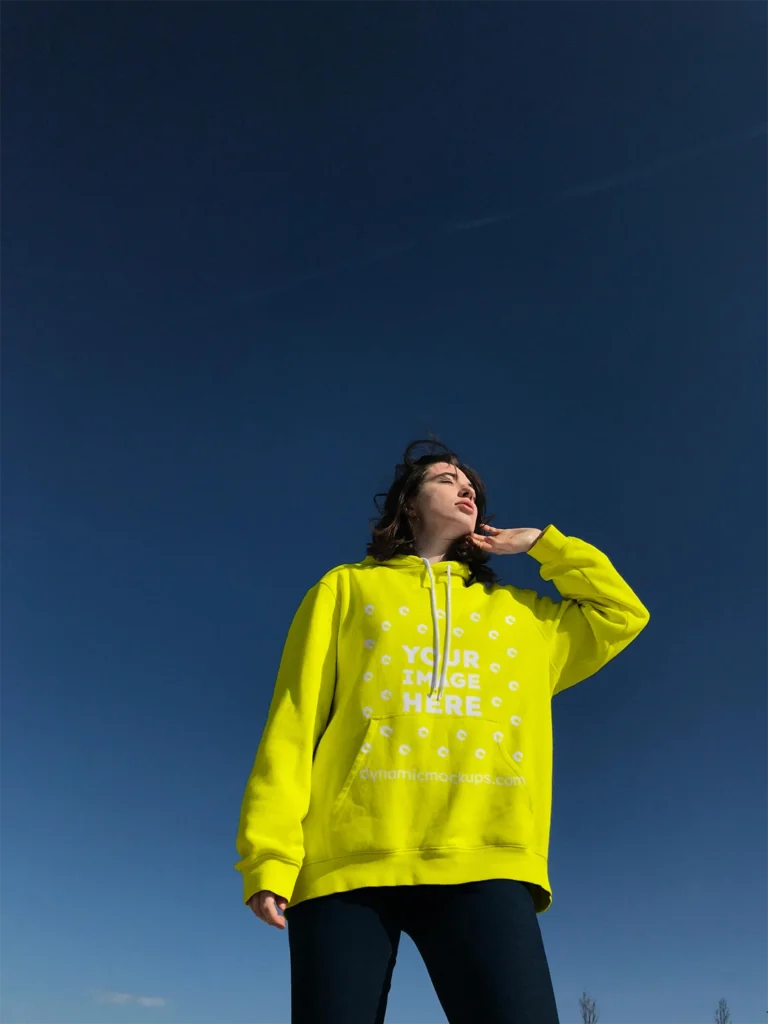 Woman Wearing Yellow Hoodie Mockup Front View Template