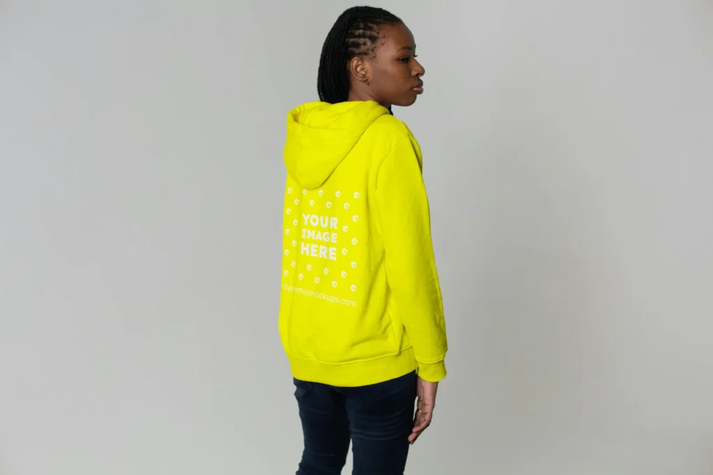 Woman Wearing Yellow Hoodie Mockup Back View Template