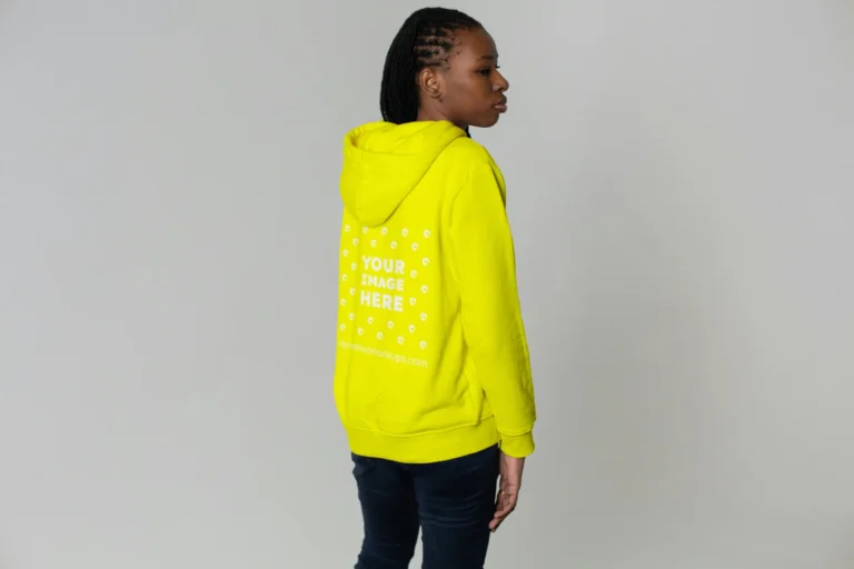 Woman Wearing Yellow Hoodie Mockup Back View Template