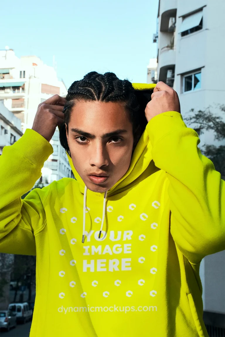 Woman Wearing Yellow Hoodie Mockup Front View Template