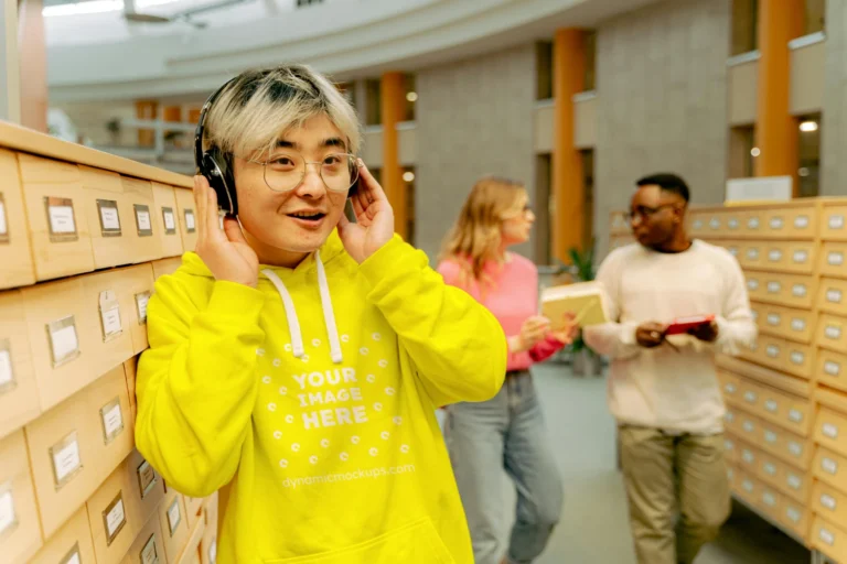 Woman Wearing Yellow Hoodie Mockup Front View Template