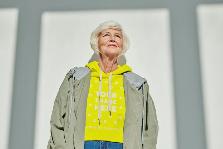 Woman Wearing Yellow Hoodie Mockup Front View Template