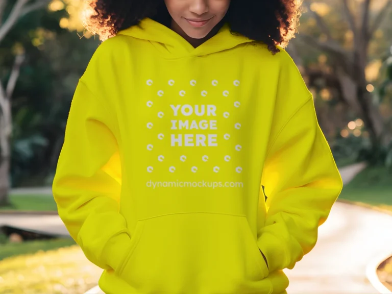 Woman Wearing Yellow Hoodie Mockup Front View Template
