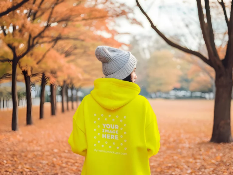 Woman Wearing Yellow Hoodie Mockup Back View Template
