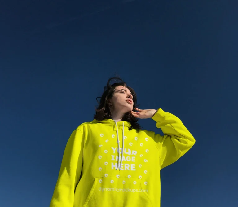 Woman Wearing Yellow Hoodie Mockup Front View Template