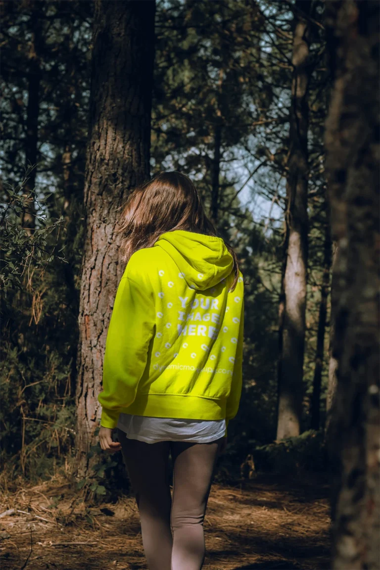 Woman Wearing Yellow Hoodie Mockup Back View Template