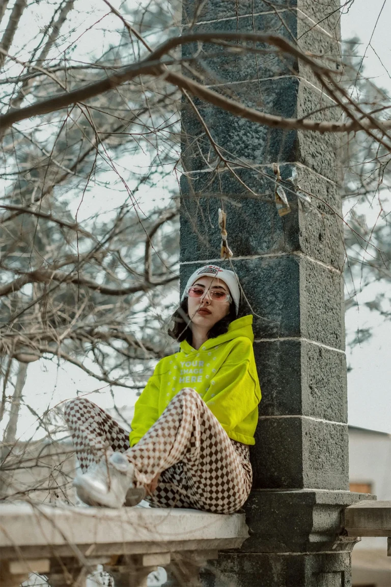 Woman Wearing Yellow Hoodie Mockup Front View Template