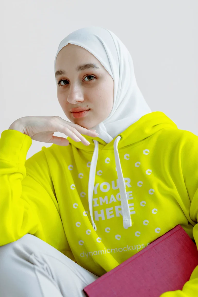 Woman Wearing Yellow Hoodie Mockup Front View Template