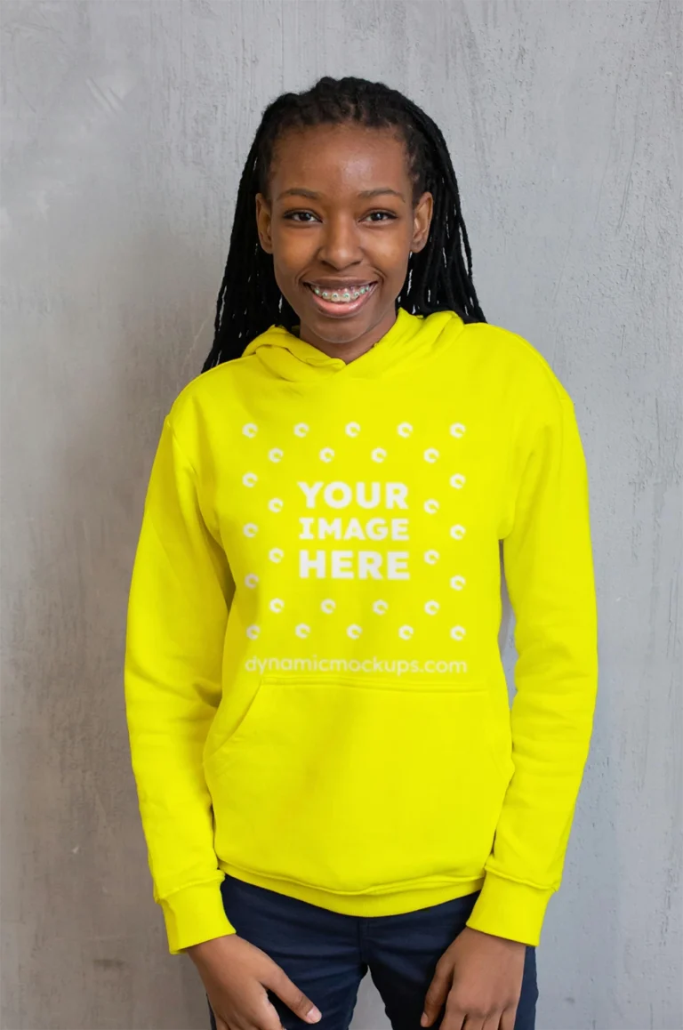 Woman Wearing Yellow Hoodie Mockup Front View Template