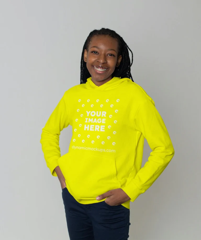 Woman Wearing Yellow Hoodie Mockup Front View Template