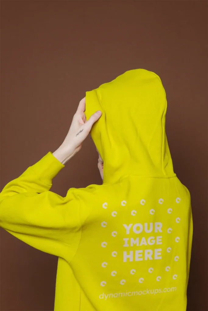 Woman Wearing Yellow Hoodie Mockup Back View Template