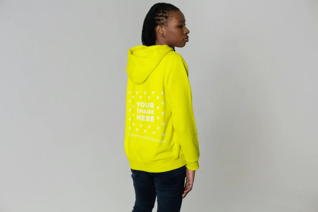 Woman Wearing Yellow Hoodie Mockup Back View Template