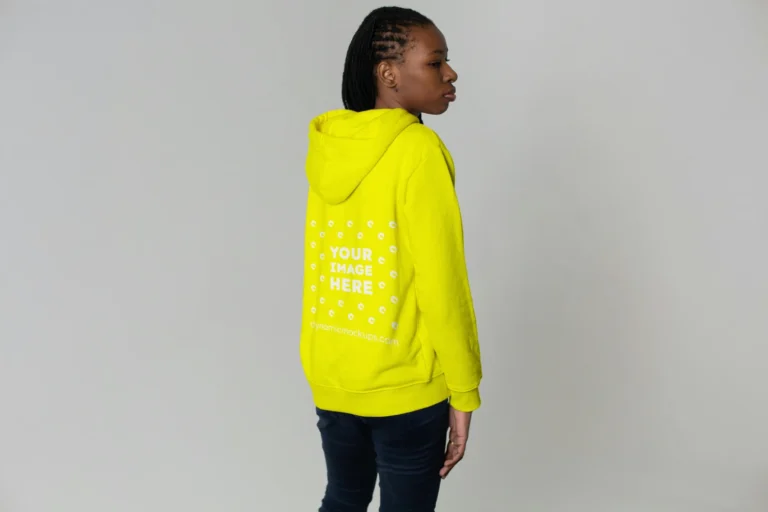 Woman Wearing Yellow Hoodie Mockup Back View Template