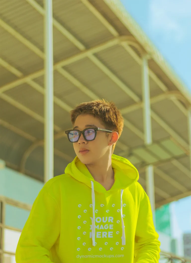 Woman Wearing Yellow Hoodie Mockup Front View Template