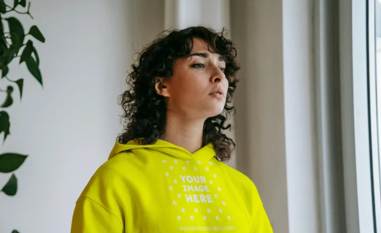 Woman Wearing Yellow Hoodie Mockup Front View Template