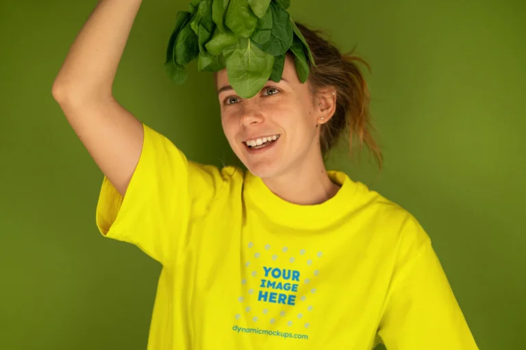 Woman Wearing Yellow T-shirt Mockup Front View Template