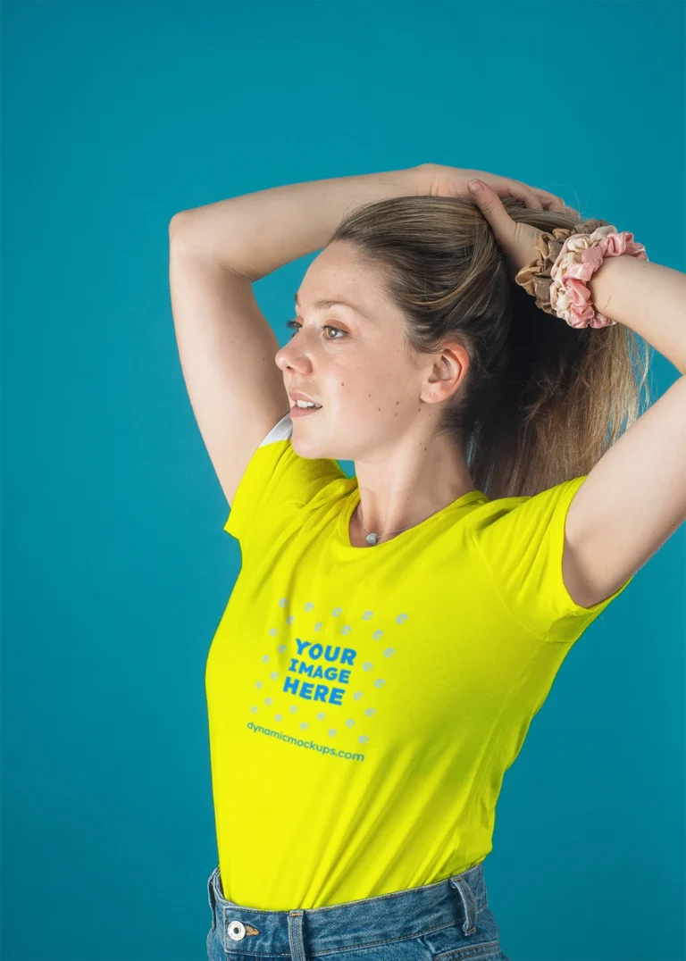 Woman Wearing Yellow T-shirt Mockup Front View Template