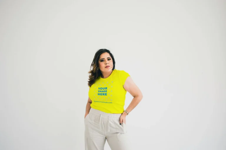 Woman Wearing Yellow T-shirt Mockup Front View Template