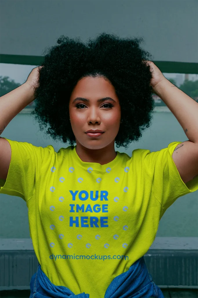 Woman Wearing Yellow T-shirt Mockup Front View Template