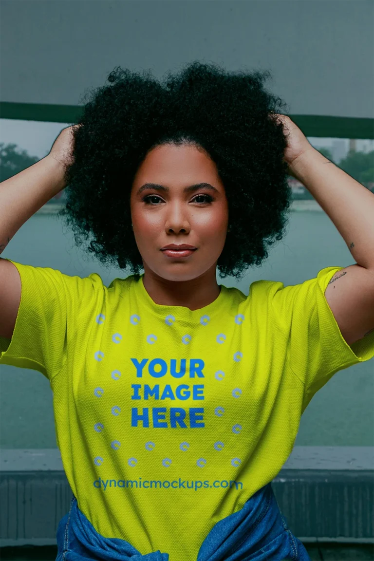 Woman Wearing Yellow T-shirt Mockup Front View Template