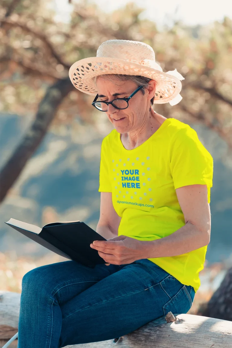 Woman Wearing Yellow T-shirt Mockup Front View Template