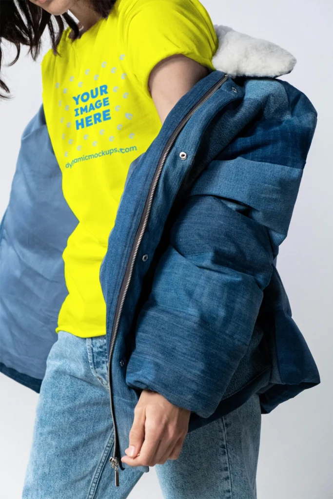 Woman Wearing Yellow T-shirt Mockup Front View Template