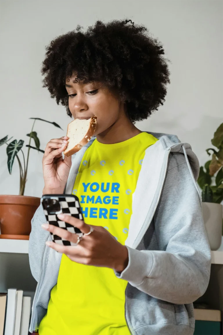 Woman Wearing Yellow T-shirt Mockup Front View Template