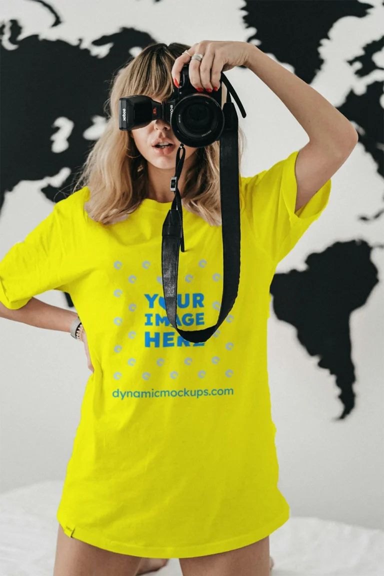 Woman Wearing Yellow T-shirt Mockup Front View Template