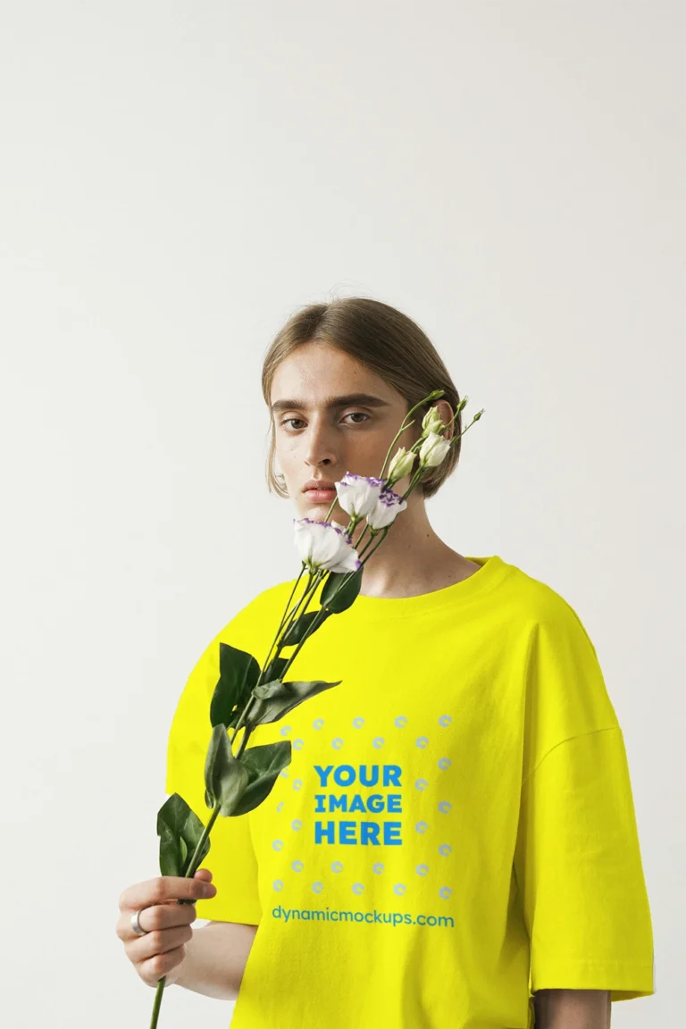 Woman Wearing Yellow T-shirt Mockup Front View Template