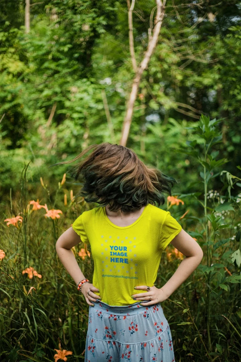 Woman Wearing Yellow T-shirt Mockup Front View Template