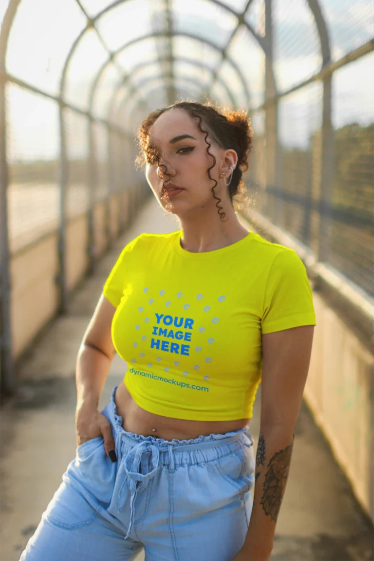 Woman Wearing Yellow T-shirt Mockup Front View Template
