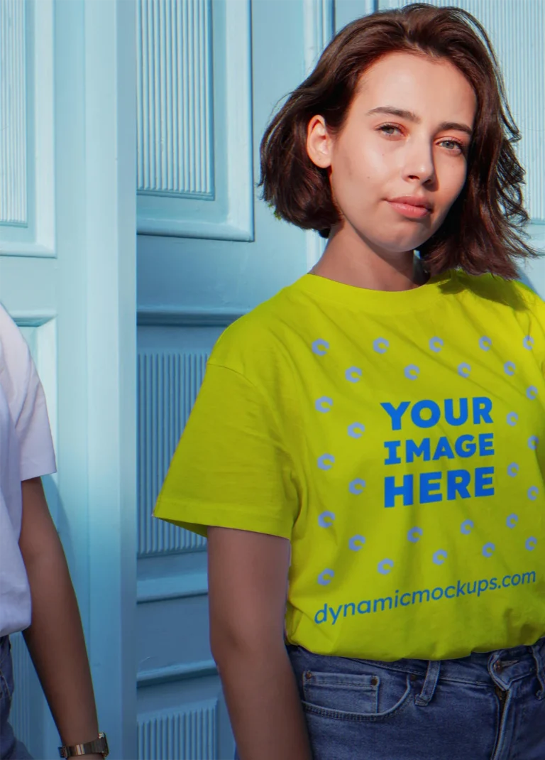Woman Wearing Yellow T-shirt Mockup Front View Template