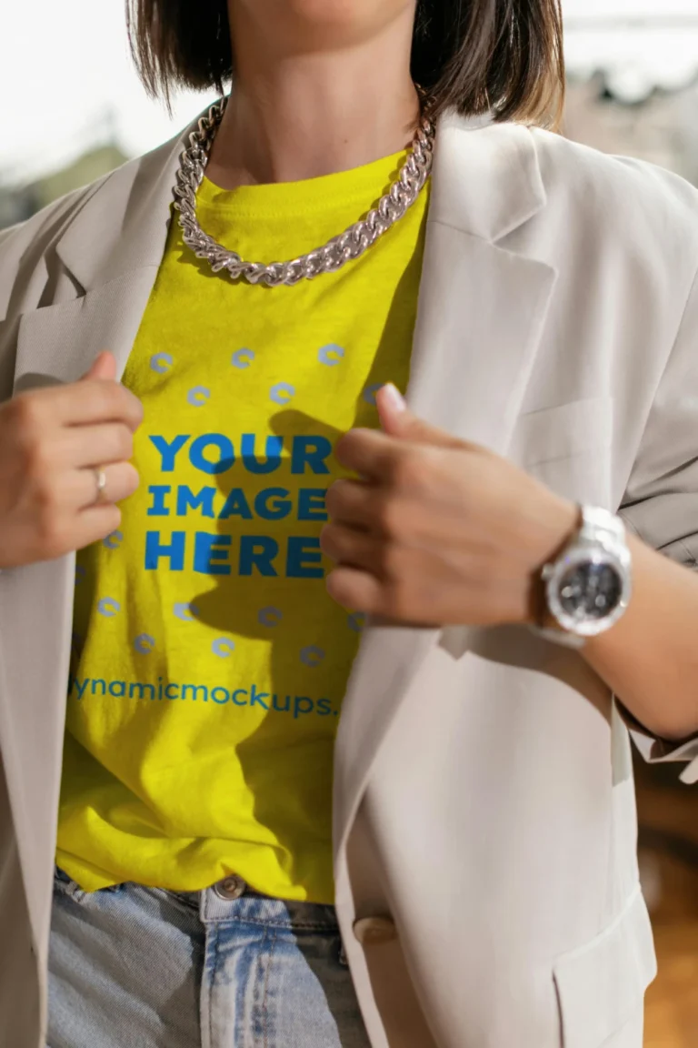Woman Wearing Yellow T-shirt Mockup Front View Template