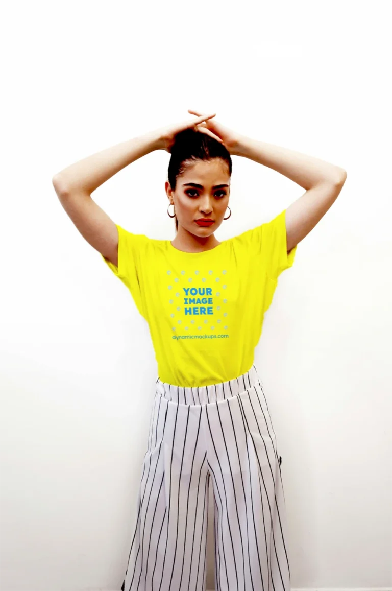 Woman Wearing Yellow T-shirt Mockup Front View Template