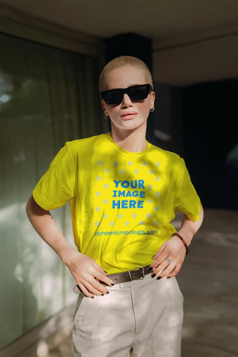 Woman Wearing Yellow T-shirt Mockup Front View Template