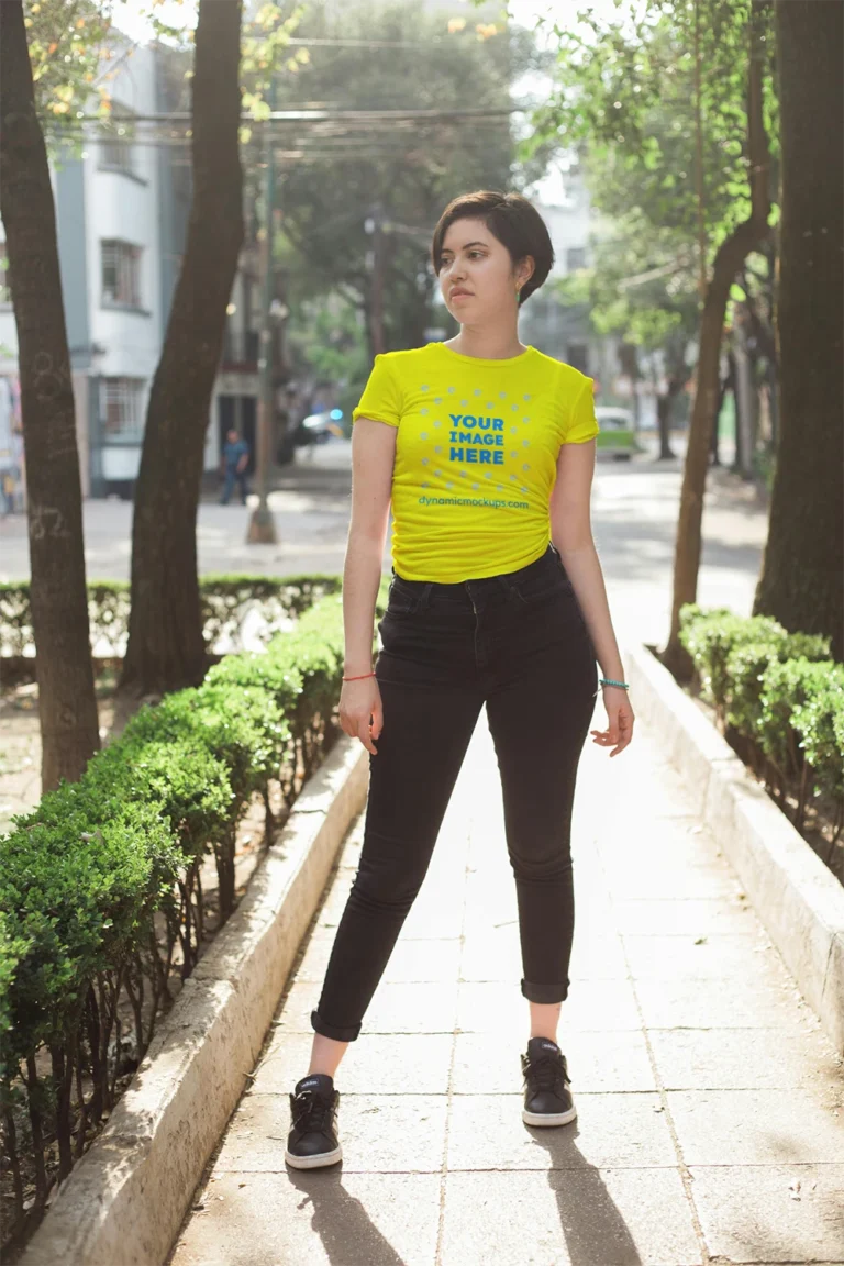 Woman Wearing Yellow T-shirt Mockup Front View Template