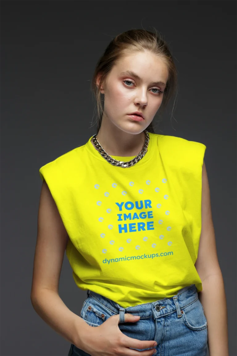 Woman Wearing Yellow T-shirt Mockup Front View Template