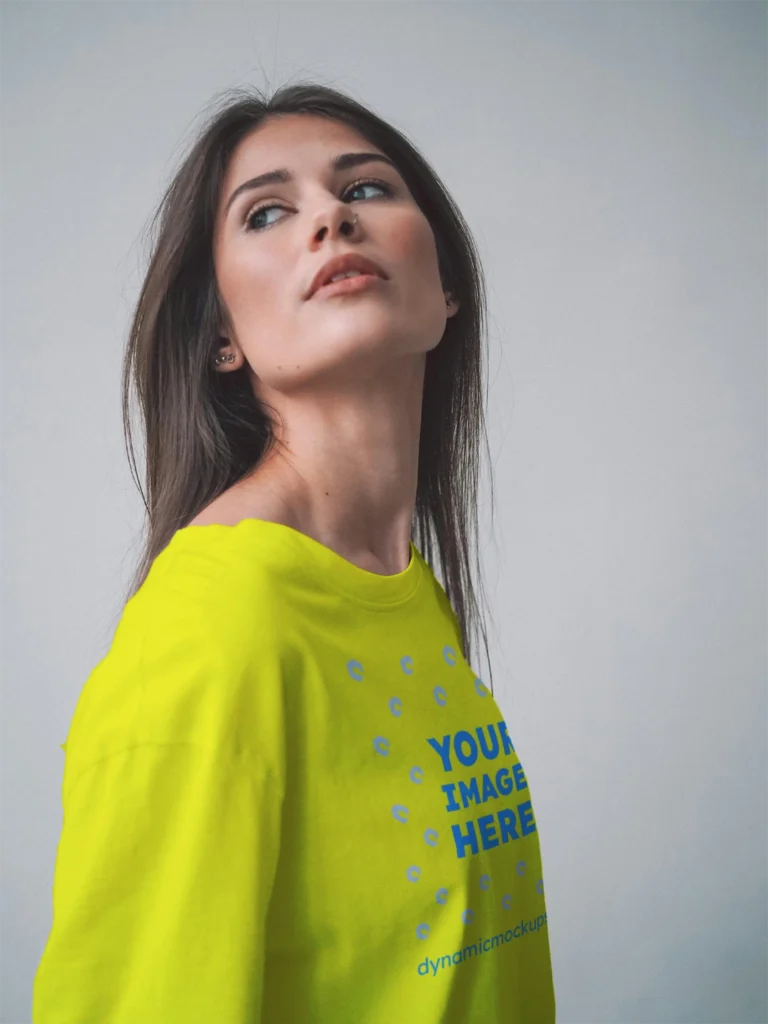 Woman Wearing Yellow T-shirt Mockup Front View Template