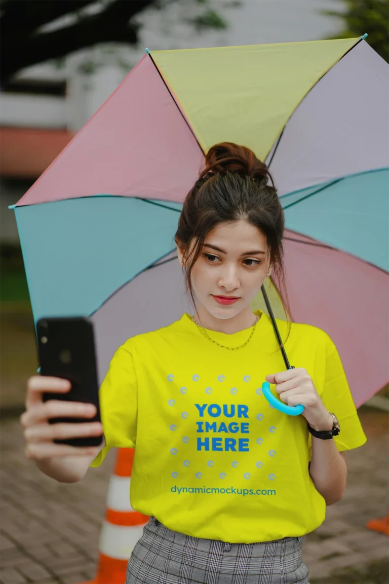 Woman Wearing Yellow T-shirt Mockup Front View Template
