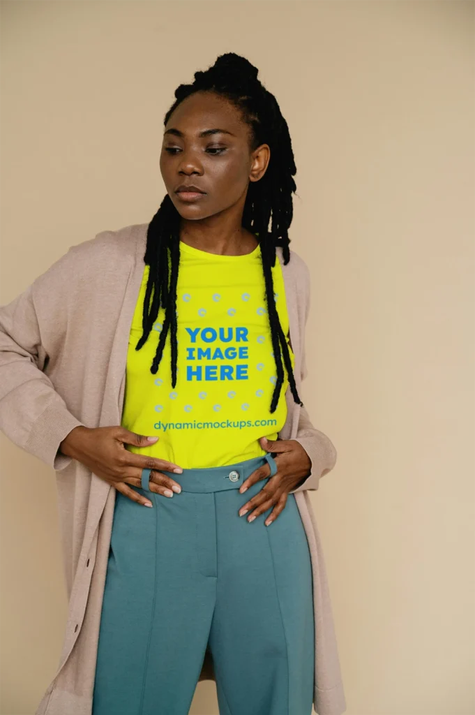 Woman Wearing Yellow T-shirt Mockup Front View Template