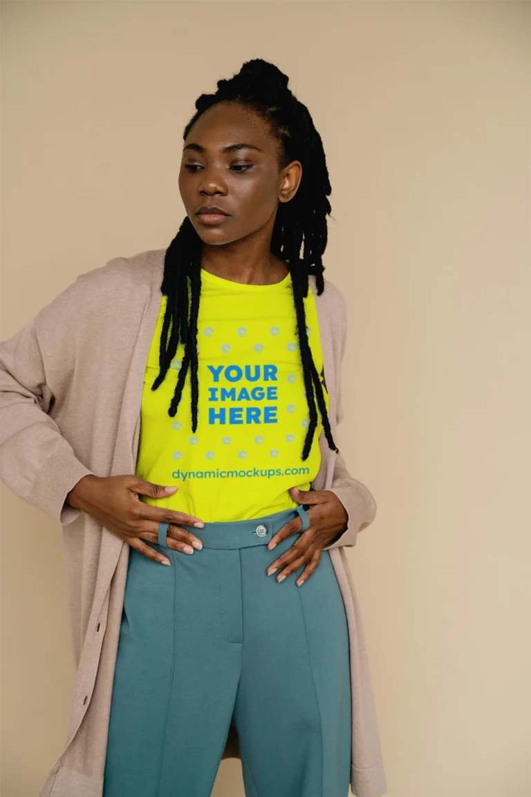 Woman Wearing Yellow T-shirt Mockup Front View Template