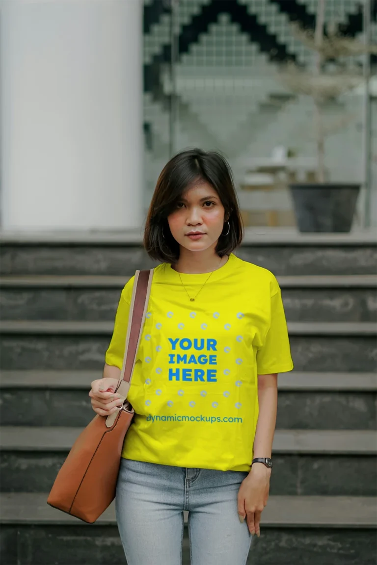 Woman Wearing Yellow T-shirt Mockup Front View Template