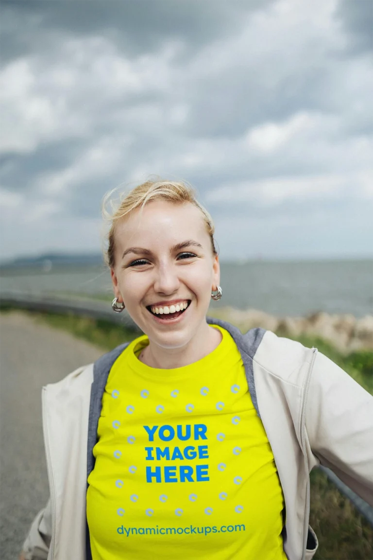 Woman Wearing Yellow T-shirt Mockup Front View Template