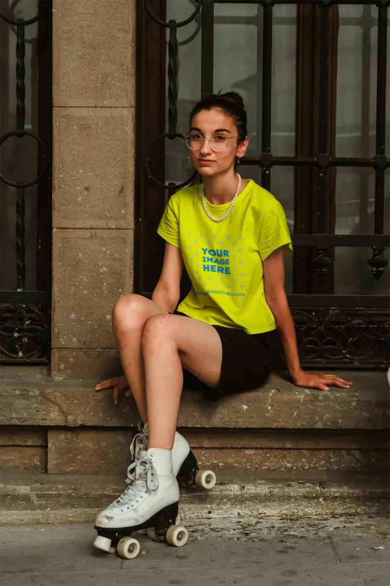 Woman Wearing Yellow T-shirt Mockup Front View Template