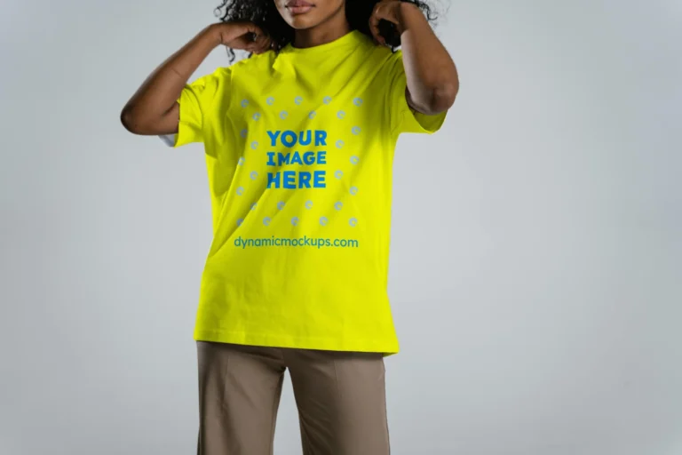 Woman Wearing Yellow T-shirt Mockup Front View Template