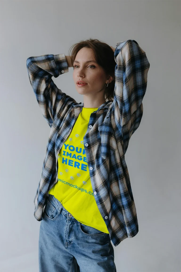 Woman Wearing Yellow T-shirt Mockup Front View Template