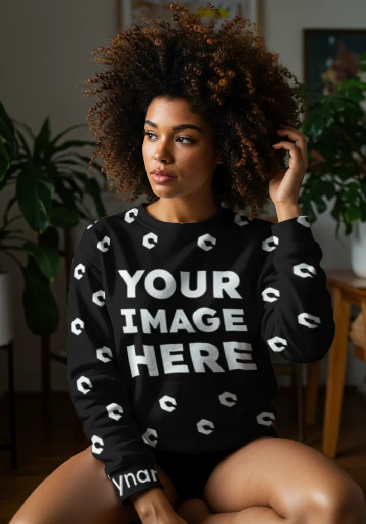 Woman Wearing Black Sweatshirt Mockup Front View Template