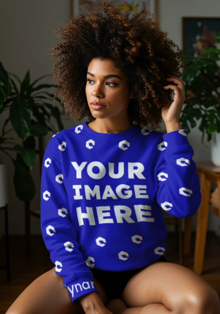 Woman Wearing Blue Sweatshirt Mockup Front View Template